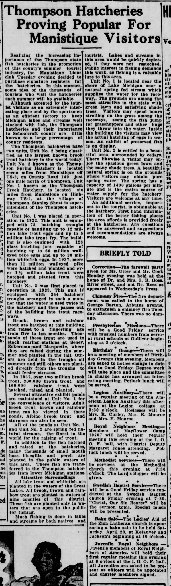 Thompson State Fish Hatchery - Apr 14 1938 Article